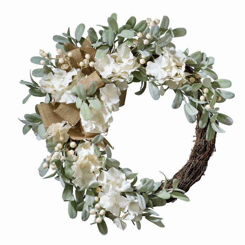 Haute Decor 24 Inch Indoor Outdoor Spring Floral Mix Natural Grapevine Wreath with Flowers, Lamb's Ear, White Berries, and Burlap Bow