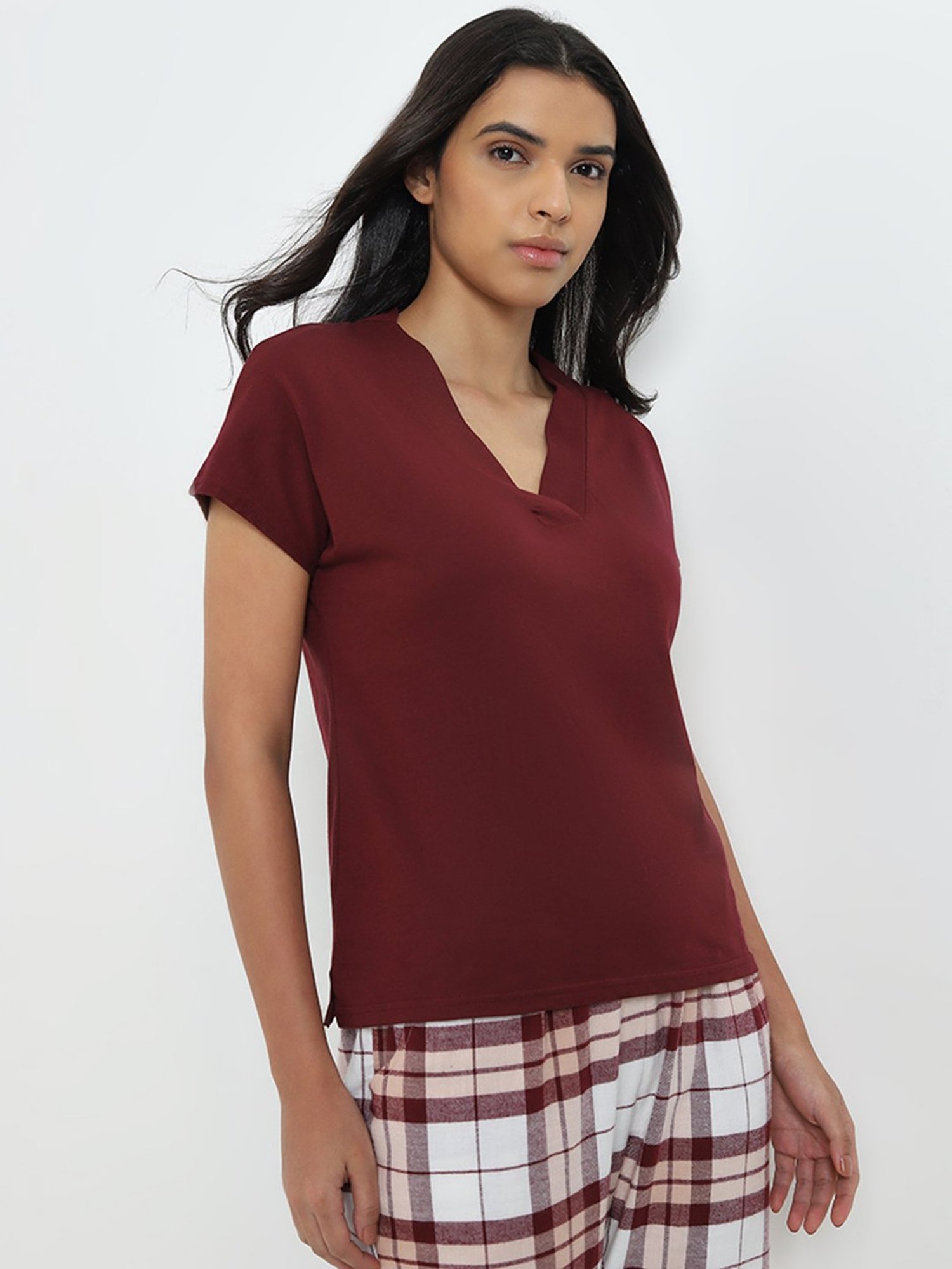 Wunderlove by Westside Burgundy V-Neck Cotton Blend Top