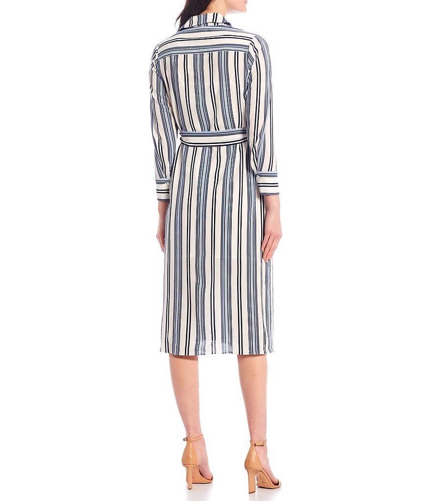 Maggy London Petite Size Long Sleeve Button Front Pocket Belted Striped Shirtdress