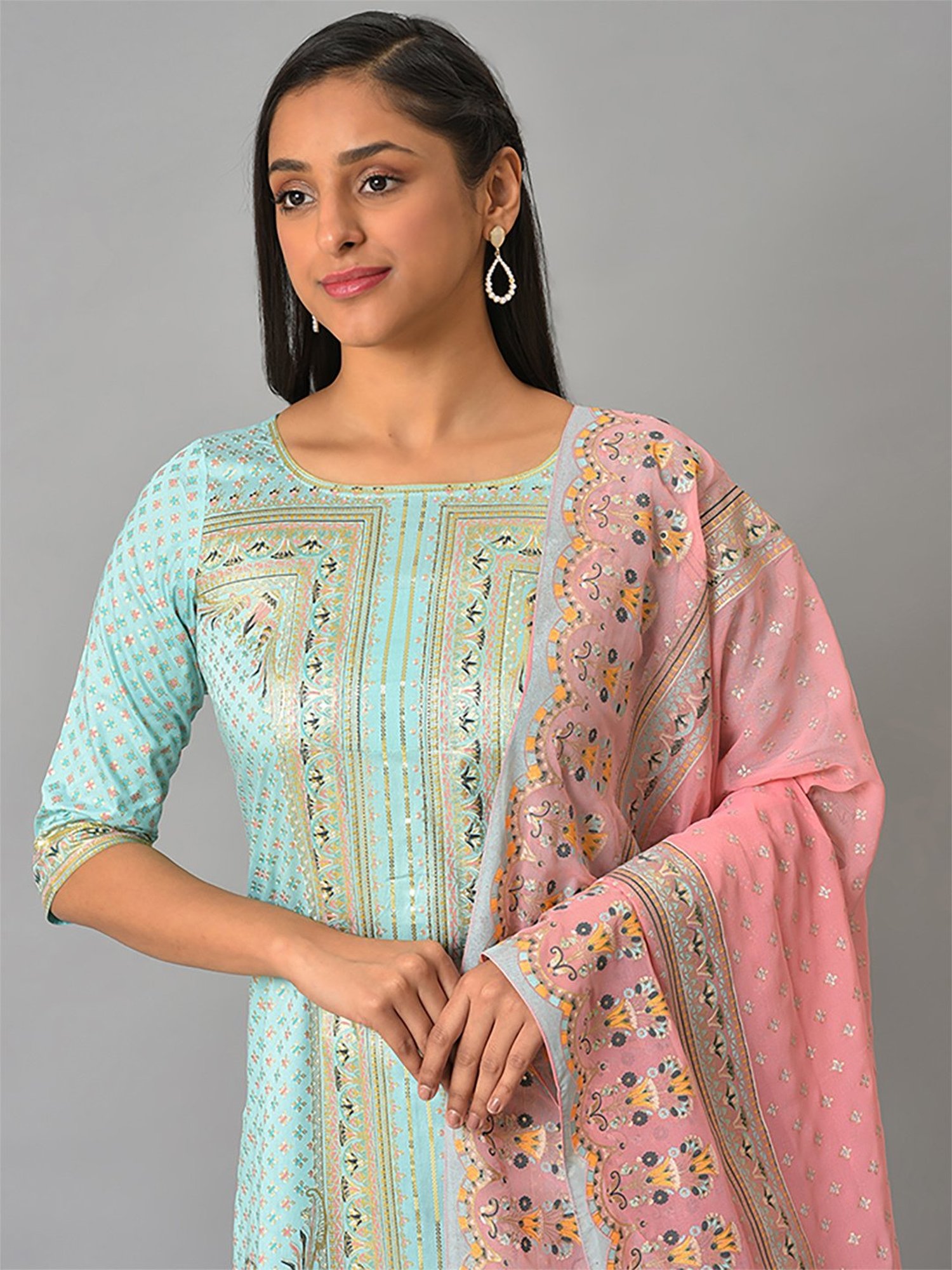 Aurelia Women Blue Floral Print Viscose Kurta Set with Sharara & Dupatta