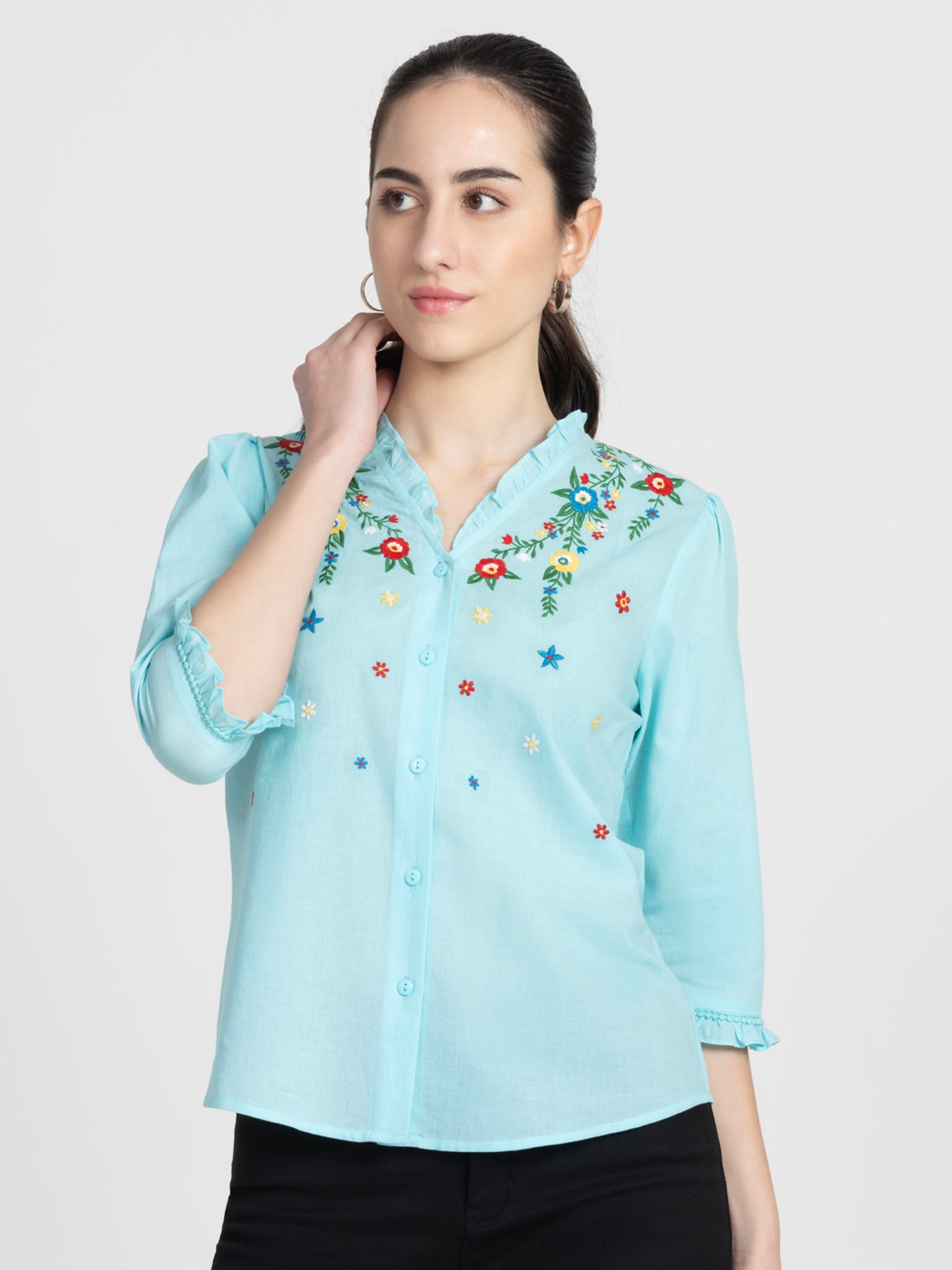 SHAYE Blue Cotton Embroidered Top