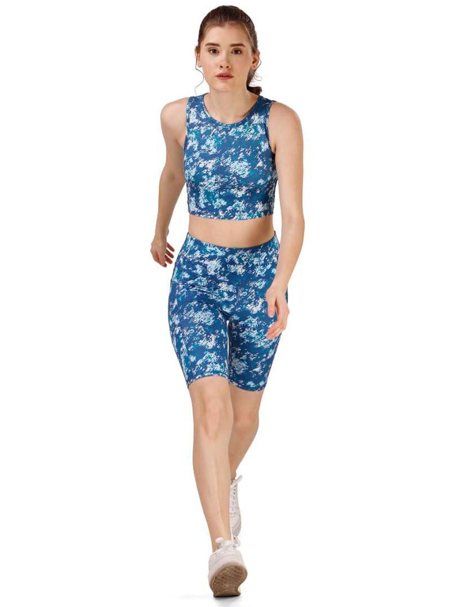 Soie Blue Printed High Rise Sports Shorts