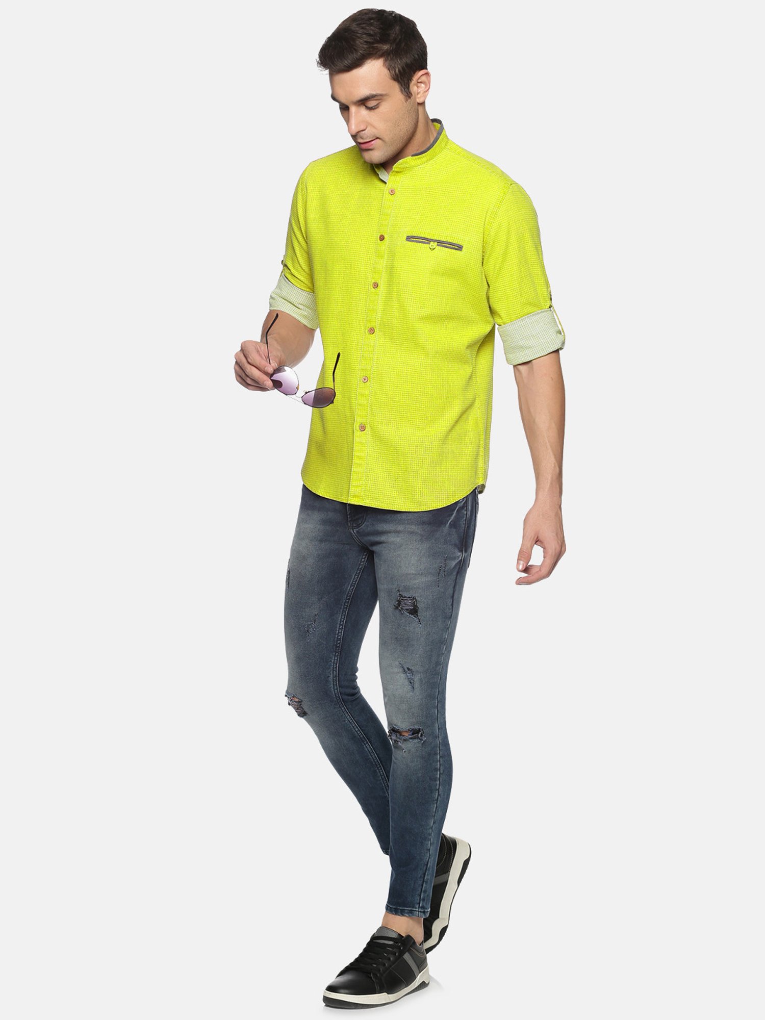 Don Vino Neon Green Regular Fit Self Design Shirt
