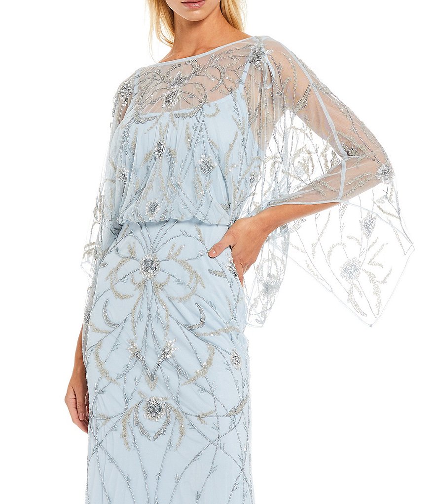 Aidan Mattox Fully Beaded 3/4 Flutter Sleeve Blouson Gown