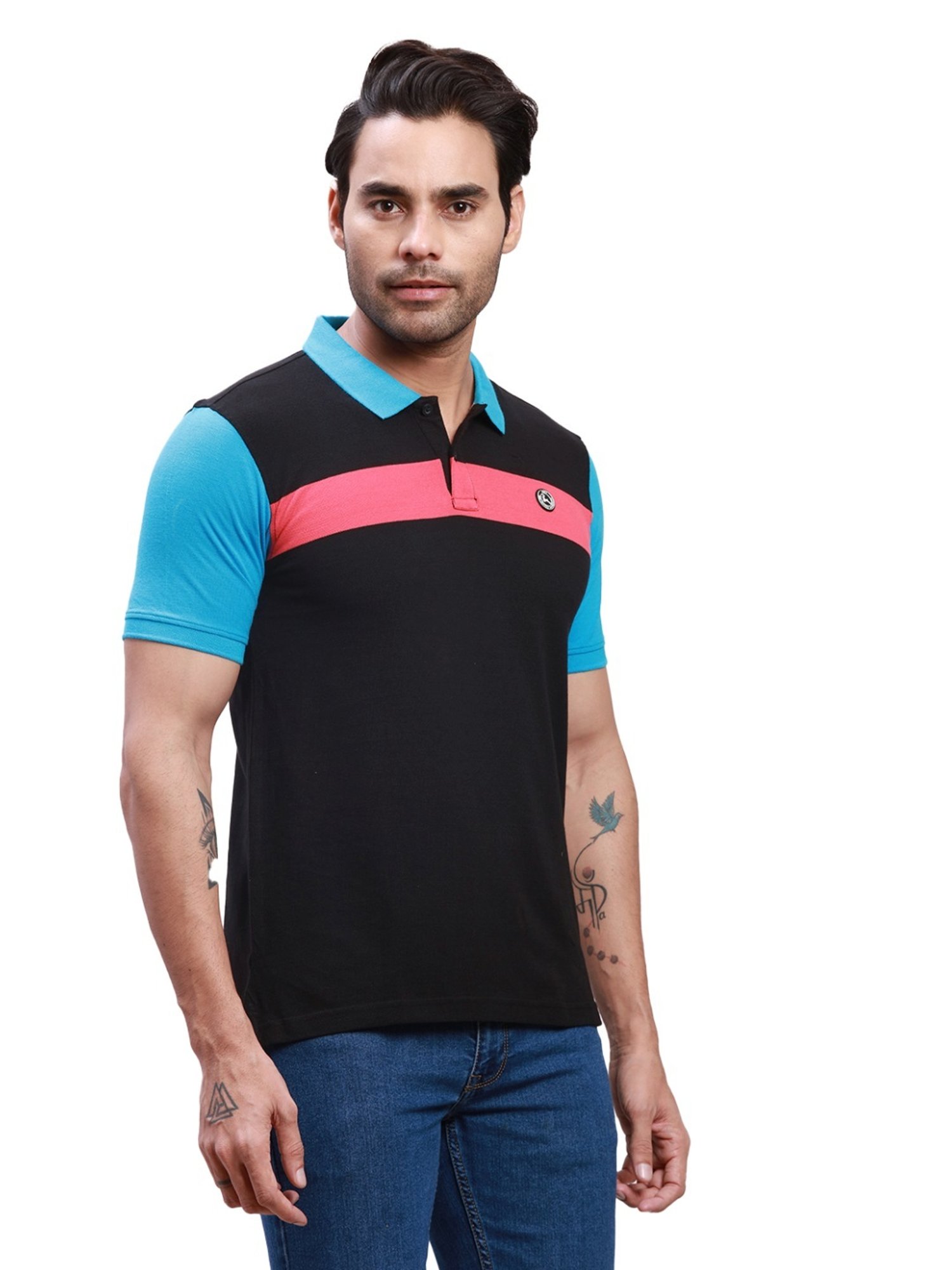Parx Black Cotton Regular Fit Colour Block Polo T-Shirt