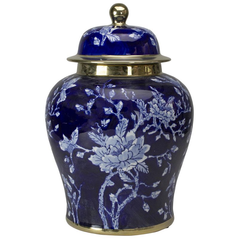 Raz Imports 16.5" Blue and White Floral Jar with a Gold Stripe