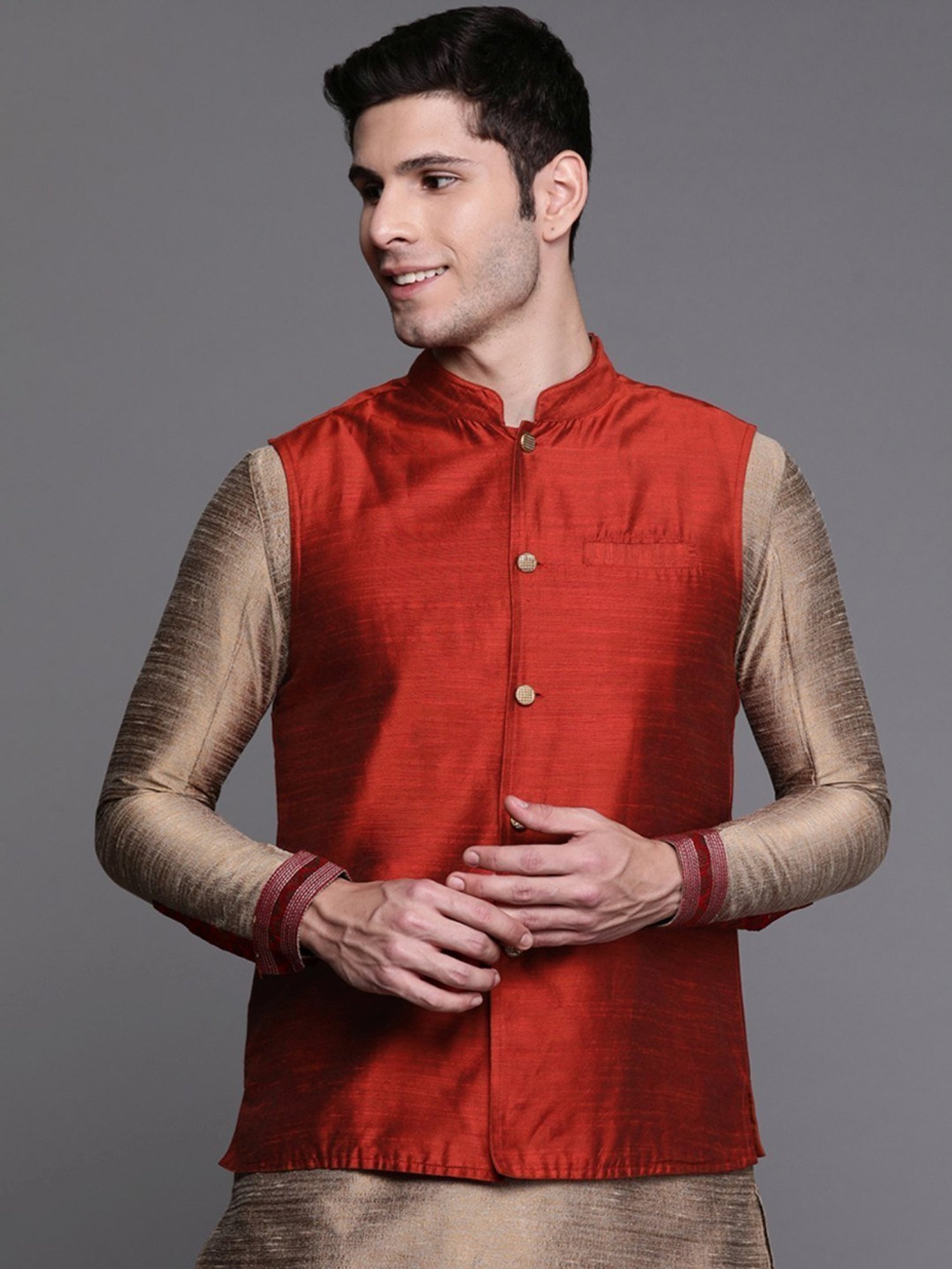 Indo Era Orange Cotton Regular Fit Nehru Jacket