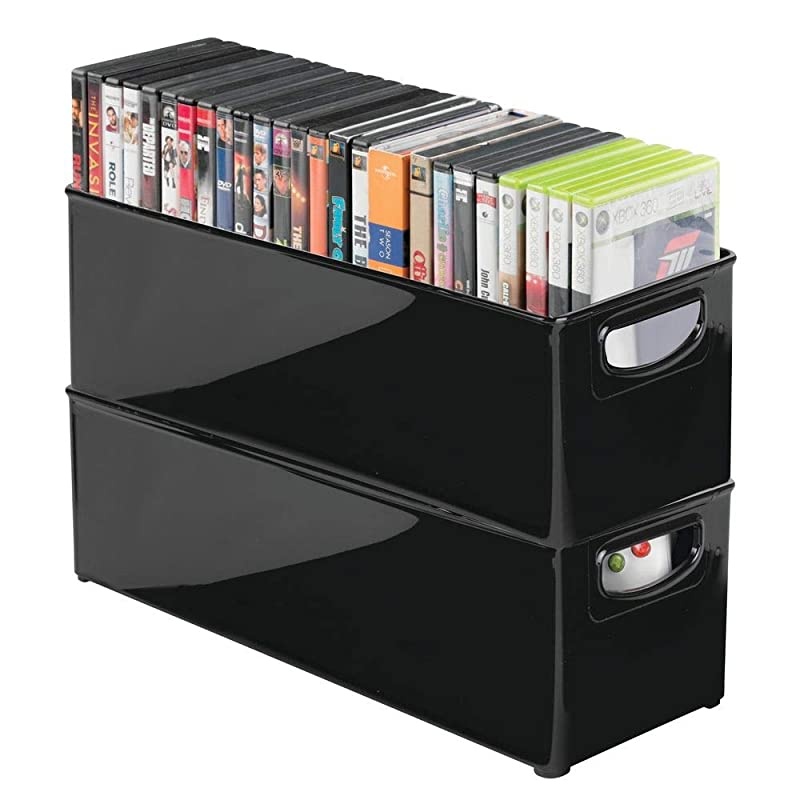Plastic Stackable Household Storage Organizer Container Bin with Handles for Media Consoles Closets Cabinets Holds DVDs Video Games Gaming Accessories Head Sets 2 Pack Black