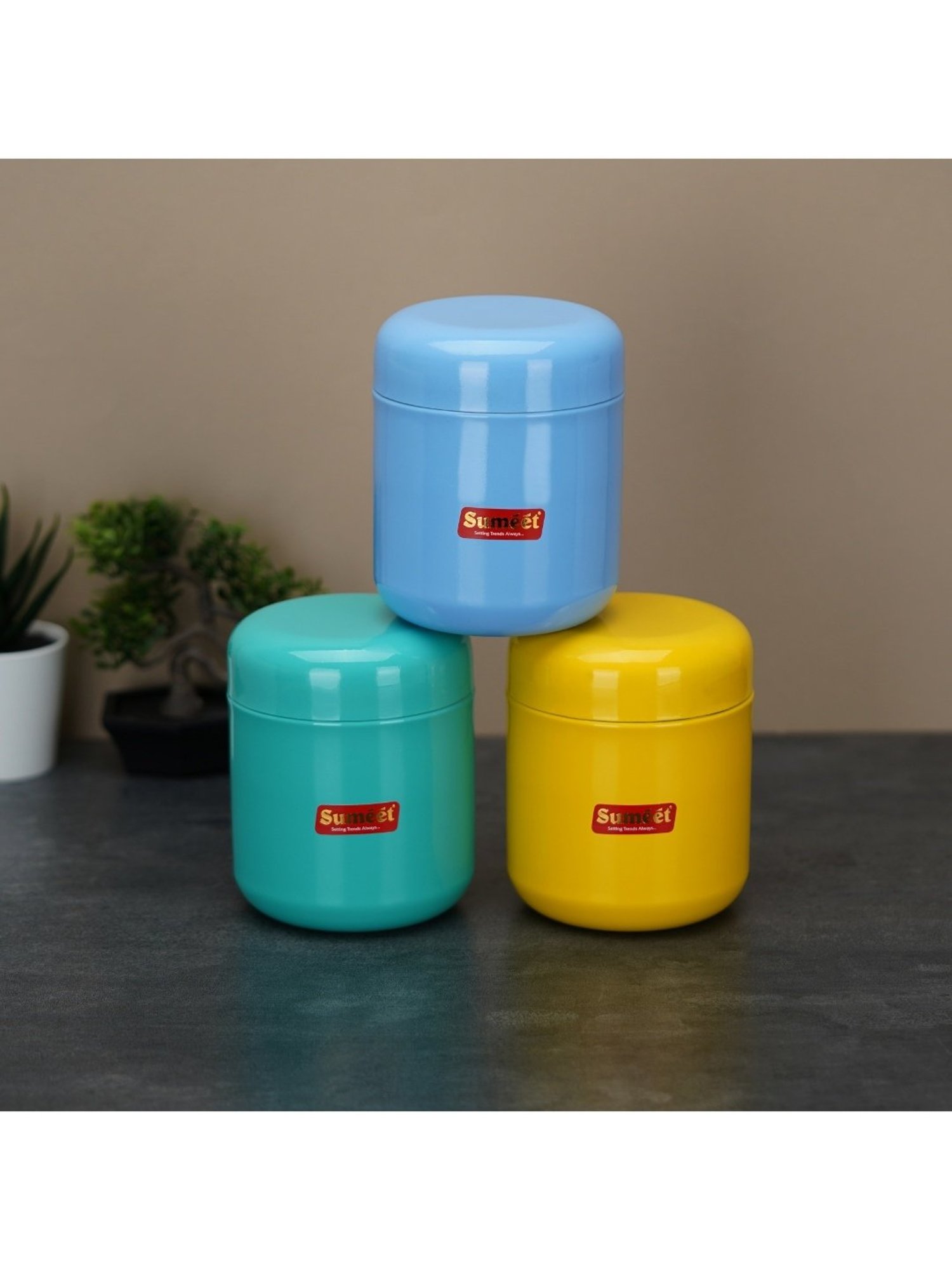 Sumeet S.S. Multi Color Small Canisters/Jars/Storage Containers set of 3Pc,750ml capacity each,9cm