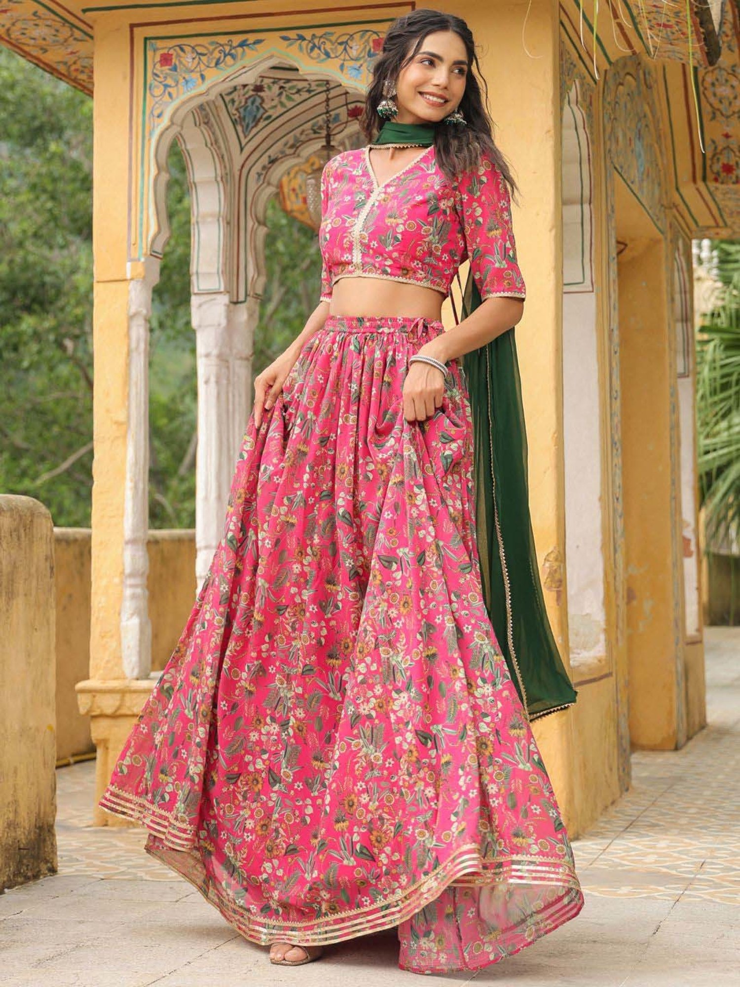 Janasya Pink Printed Lehenga Choli Set With Dupatta
