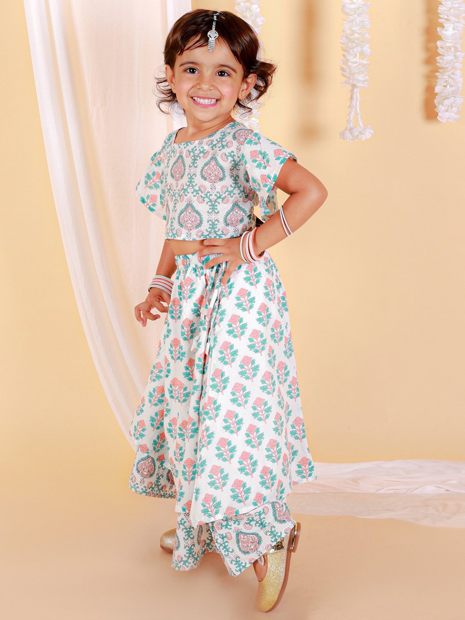 The Mom Store Kids Peach & White Floral Print Lehenga with Choli