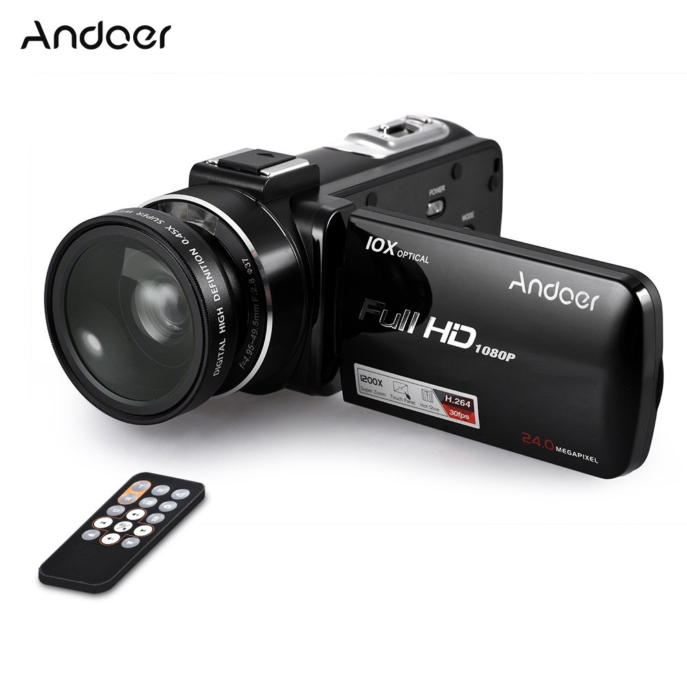 Andoer HDV-Z82 1080P Full HD 24MP Digital Video Camera Camcorder with 0.39X Wide Angle + Macro Lens 3" LCD Touchscreen Remote Control LED Light Support 10X Optical Zoom External Microphone Anti-Shake