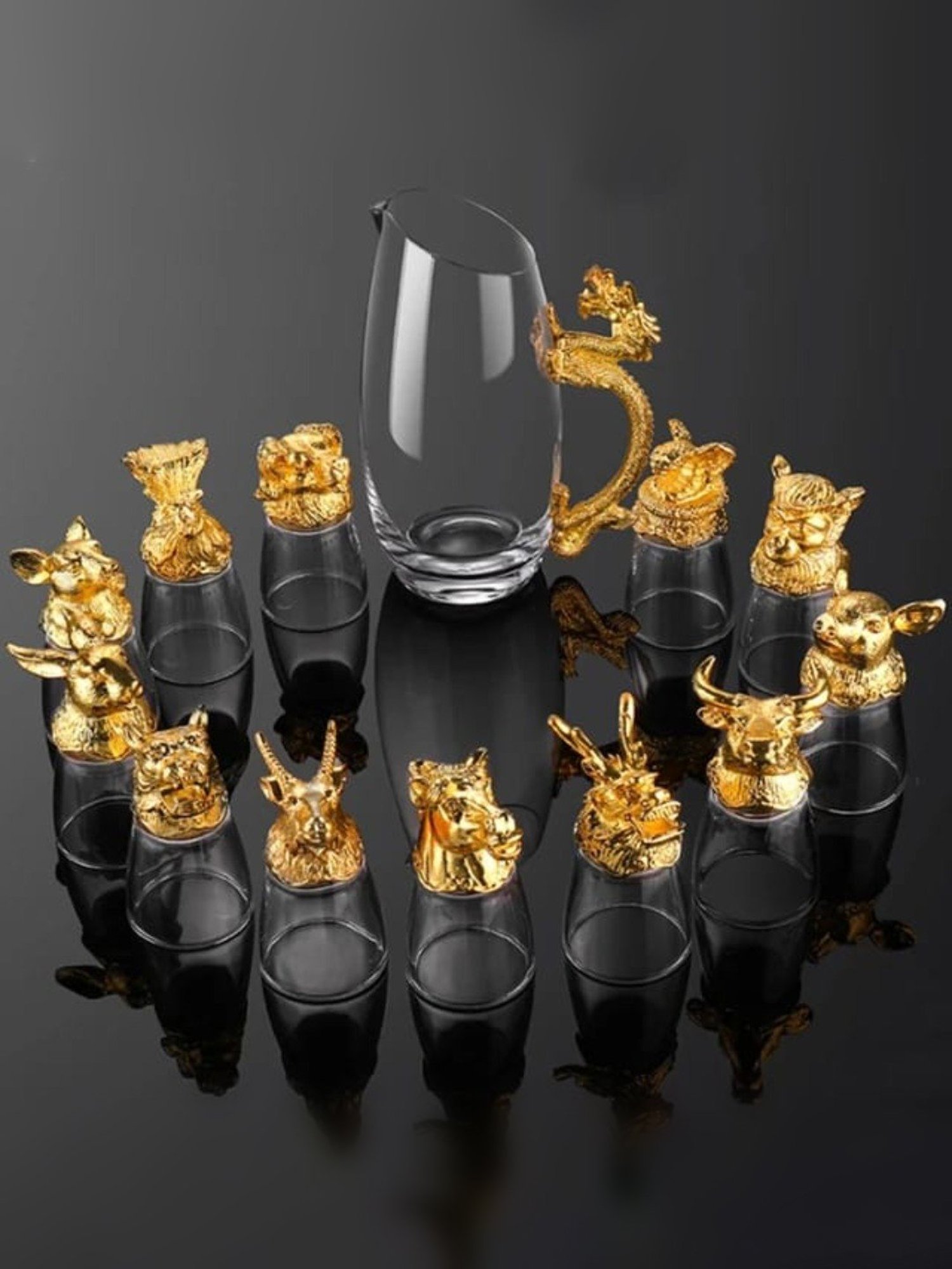 Melbify Zodiac Set Transparent Glass Shot Glasses(30 ml) & Dispenser(250 ml) - Set of 12