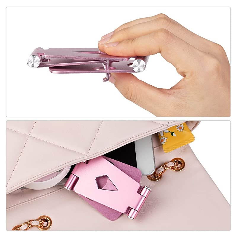 Adjustable Cell Phone Stand  Mini Phone Holder for Desk Portable Small Size Desktop Dock Compatible with iPhone XR XS X 9 8 7 6 Plus Samsung Huawei Office Home Desk Decor Rose Gold