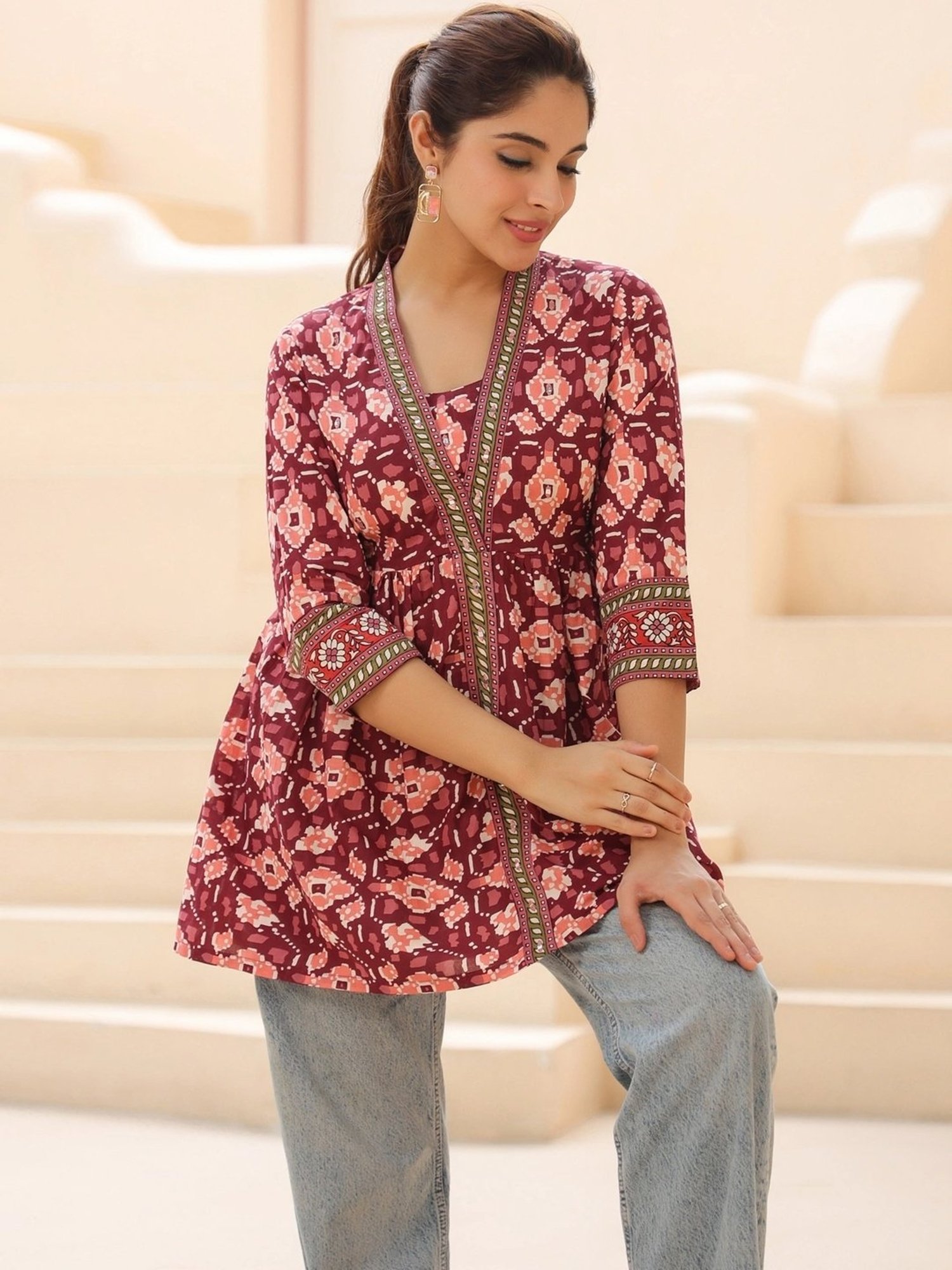 Rain and Rainbow Maroon Cotton Printed Top