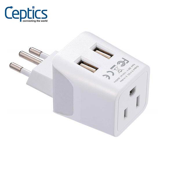 Ceptics USA to Brazil Travel Adapter Plug  With Dual USB - Type N  - Ultra Compact (CTU-11C)