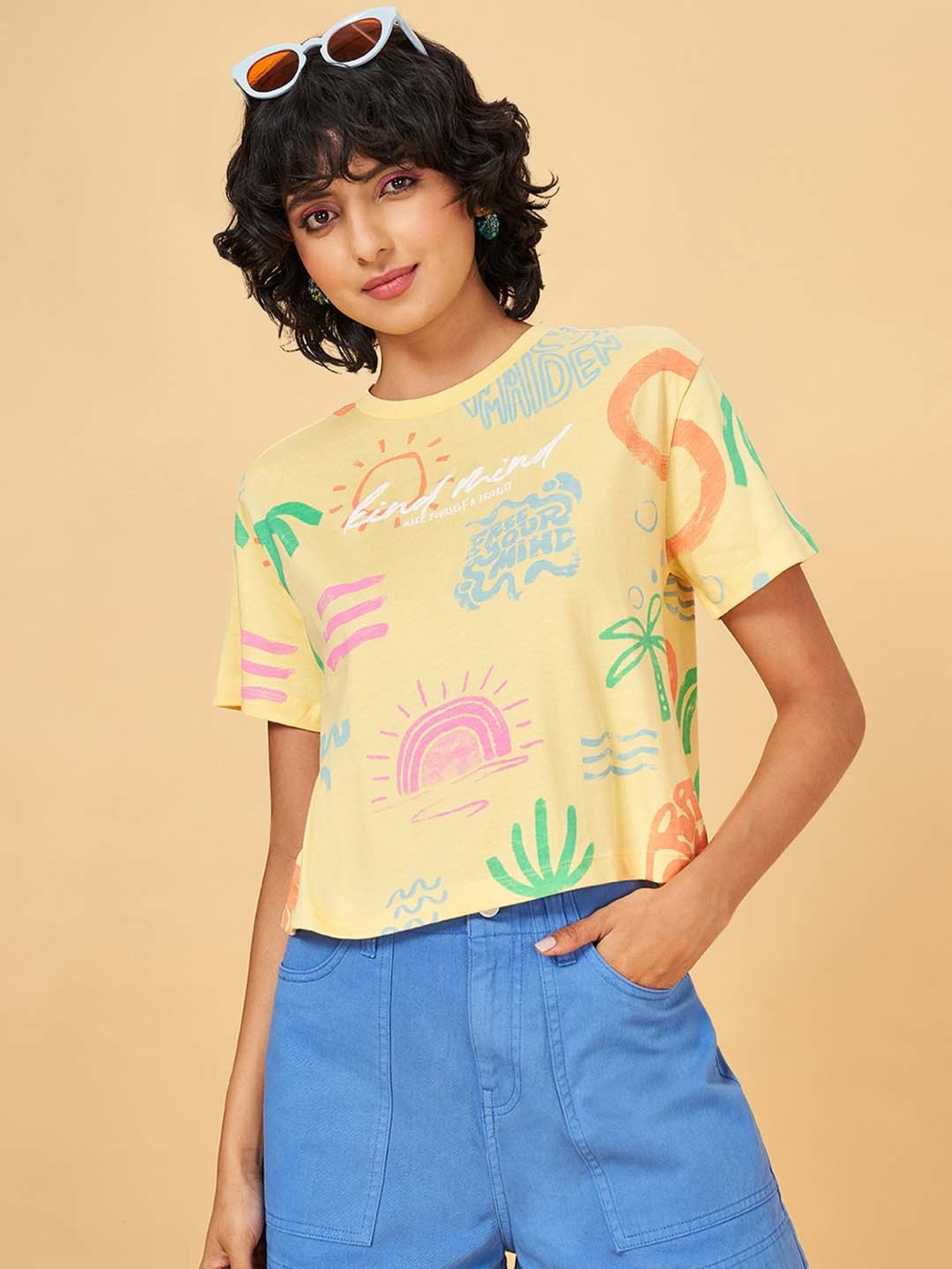 People by Pantaloons Yellow Cotton Printed T-Shirt
