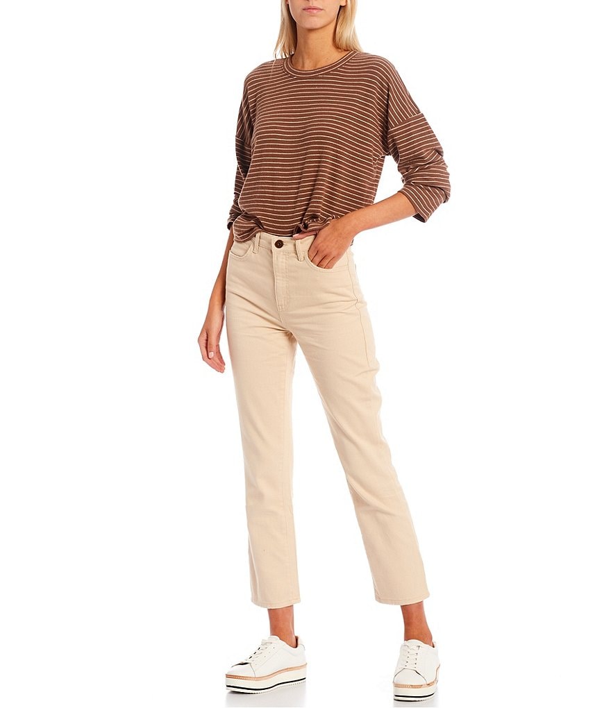 Every Long Sleeve Drop Shoulder Crew Neck Striped Cropped Tee