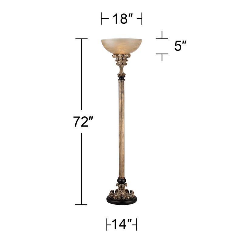 Barnes and Ivy Traditional Torchiere Antique Gold Column Amber Glass Shade Foot Dimmer for Living Room Bedroom Office Uplight