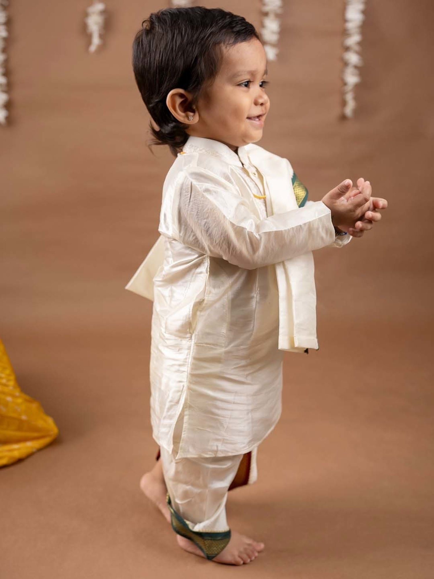 Baby Moo Kids Cream & Green Regular Fit Full Sleeves Kurta Set