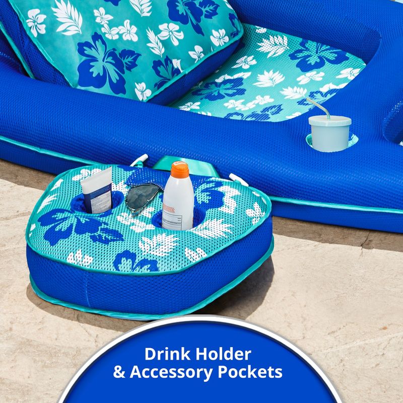 Aqua Leisure Campania Inflatable Convertible 2 in 1 Swimming Pool Water Float Lounger with Caddy, 1 Teal Hibiscus & 1 Navy Hibiscus