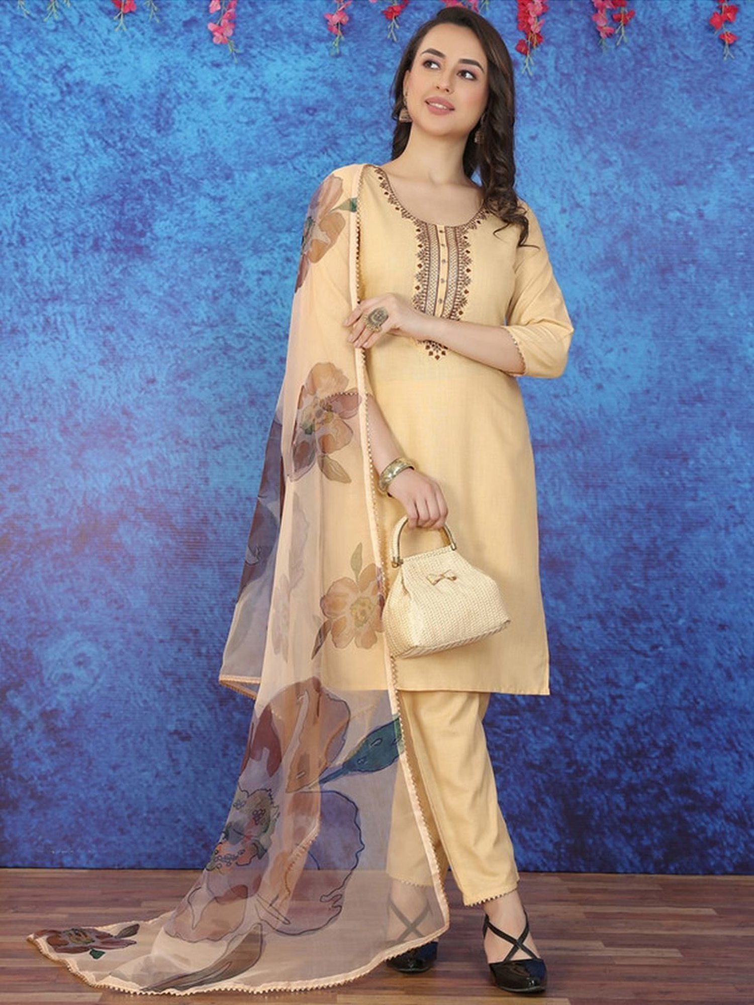 Skylee Beige Embroidered Kurta Pant Set With Dupatta