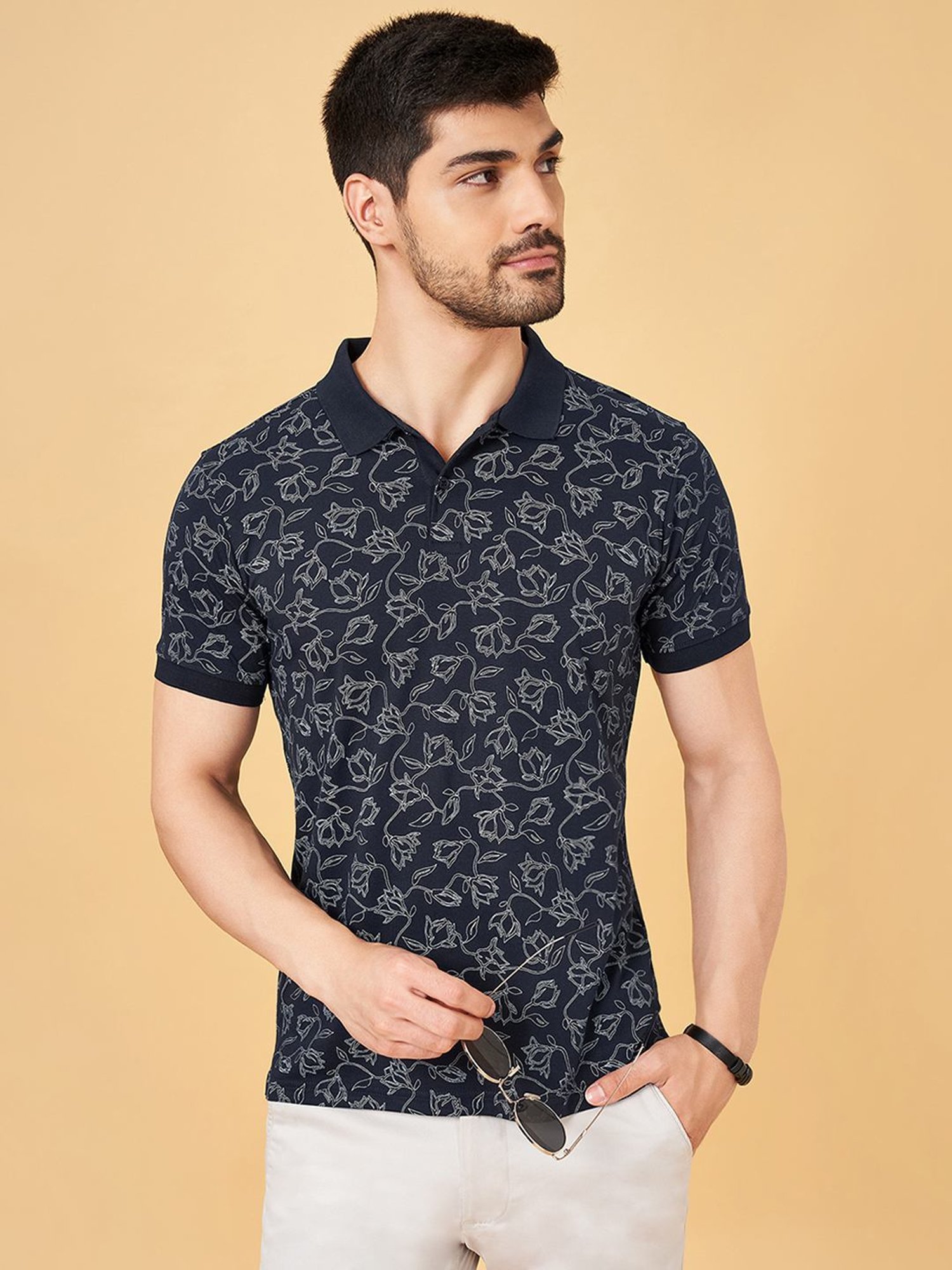 Byford By Pantaloons Navy Slim Fit Printed Polo T-Shirt