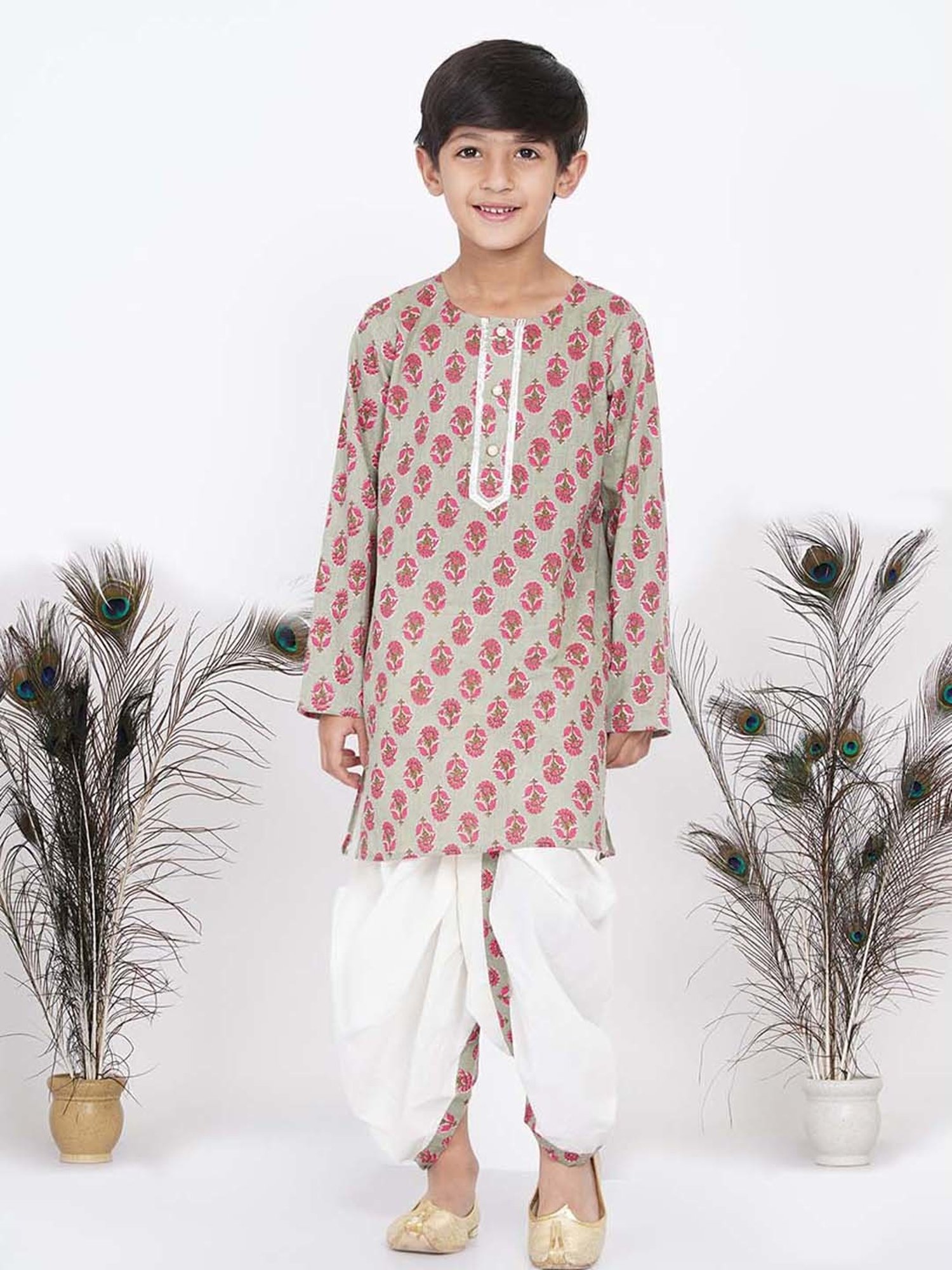 Little Bansi Kids Green & Cream Cotton Floral Print Full Sleeves Kurta Set