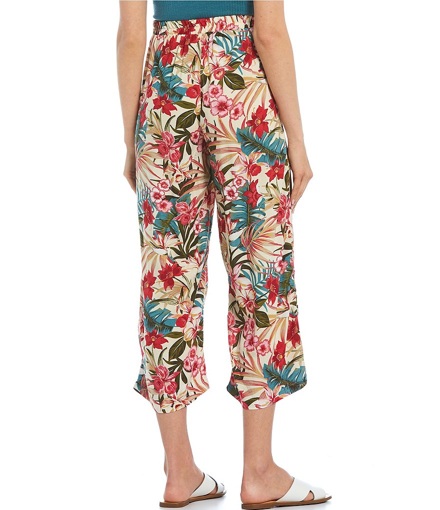 Evolutionary Elastic-Waist Wide-Leg Tropical Print Crop Pull-On Pants