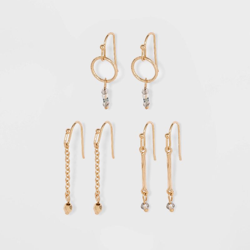 Steel Stud Earring Set 3pc - A New Day™ Gold