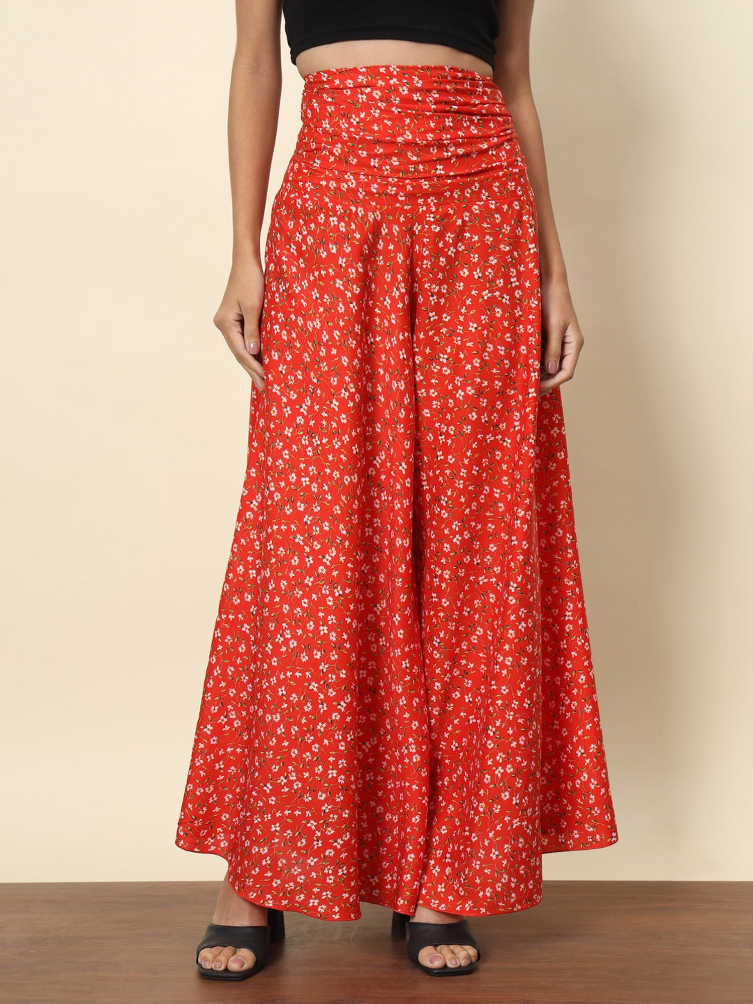 Trend Arrest Orange & White Floral Print High Rise Palazzos