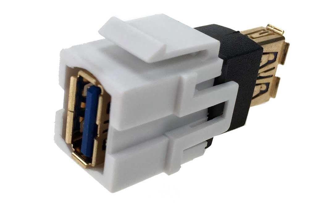 SF Cable. USB 3.0 Keystone Jack - Type A Female to A Female Coupler Adapter Flush Type. White Color