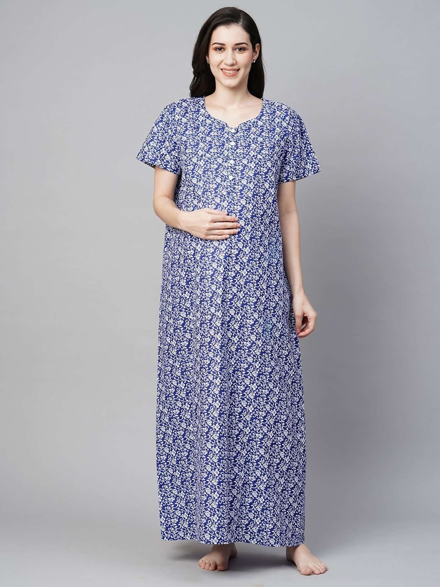 MomToBe Blue Cotton Printed Feeding Nighty