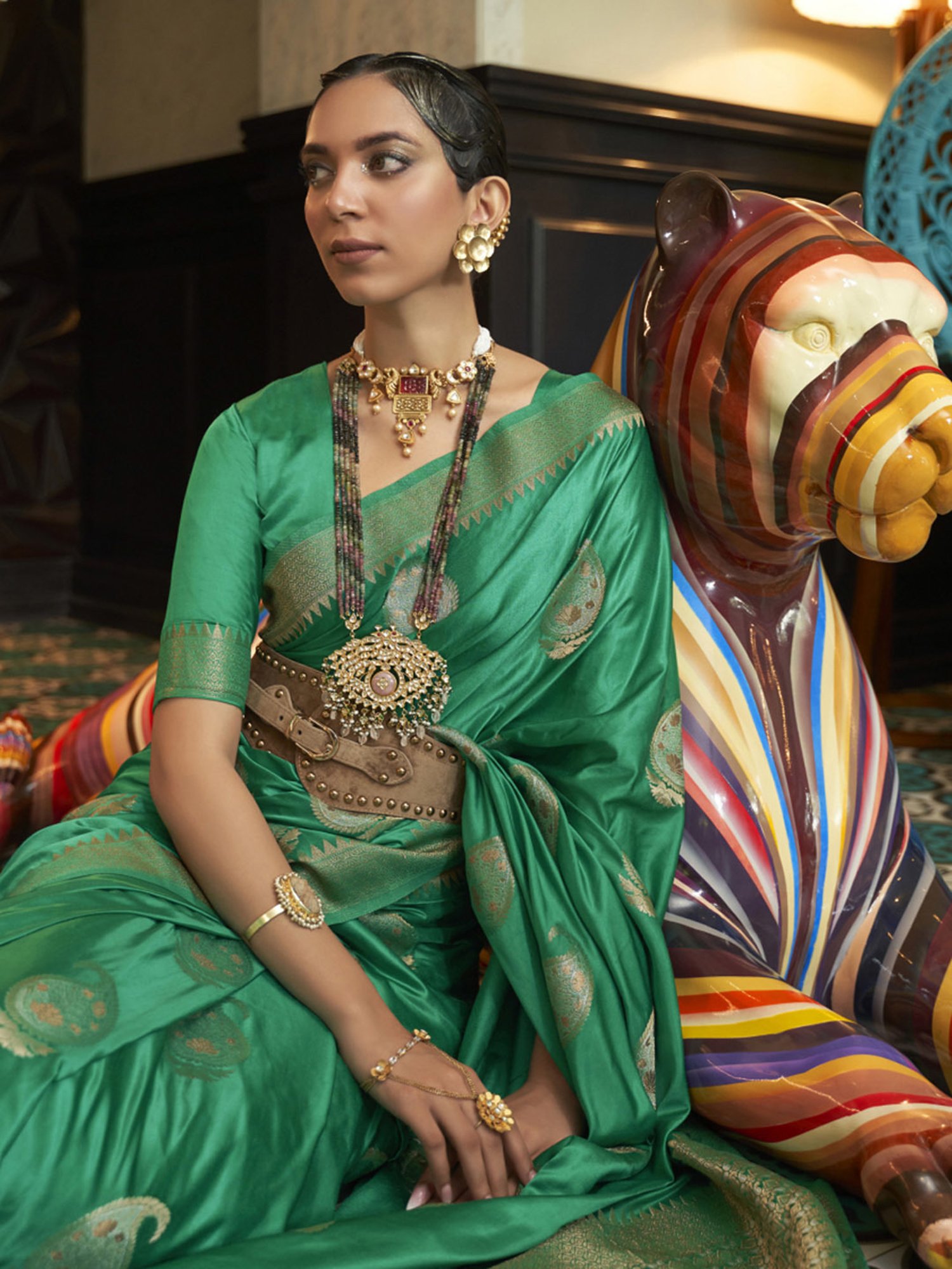 Elora Sea Green Woven Saree With Unstitched Blouse