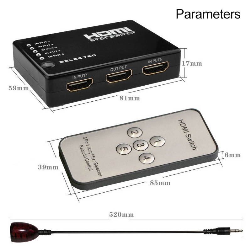 HDMI Splitter 5 Port HDMI Switch Switcher 1080P 5 Input 1 Output Adapter for XBOX 360 PS3 PS4 HDTV HDMI Selector HDMI Extender (1 pcs)