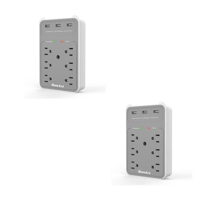 Huntkey 2 x SMD607 Multiport Dual Electrical Wall Outlet Extender with 6 Surge Protected AC Plugs and 3 USB Charging Ports, Grey/White (2 Pack)