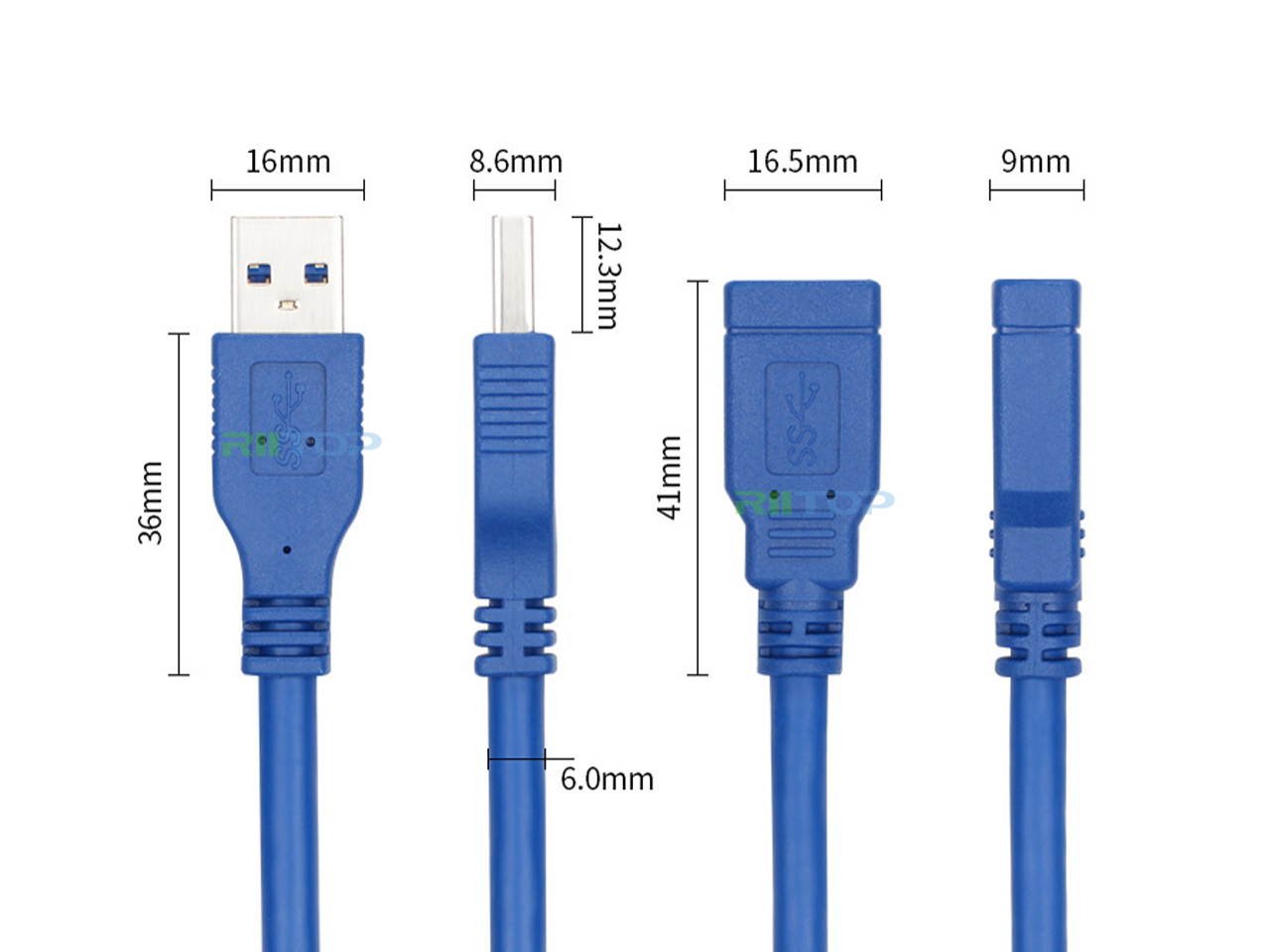 RIITOP Short USB 3.0 Extension Cable Type A Male to Female 1 Ft Feet in Blue (2Pack) Super Speed 5Gpbs