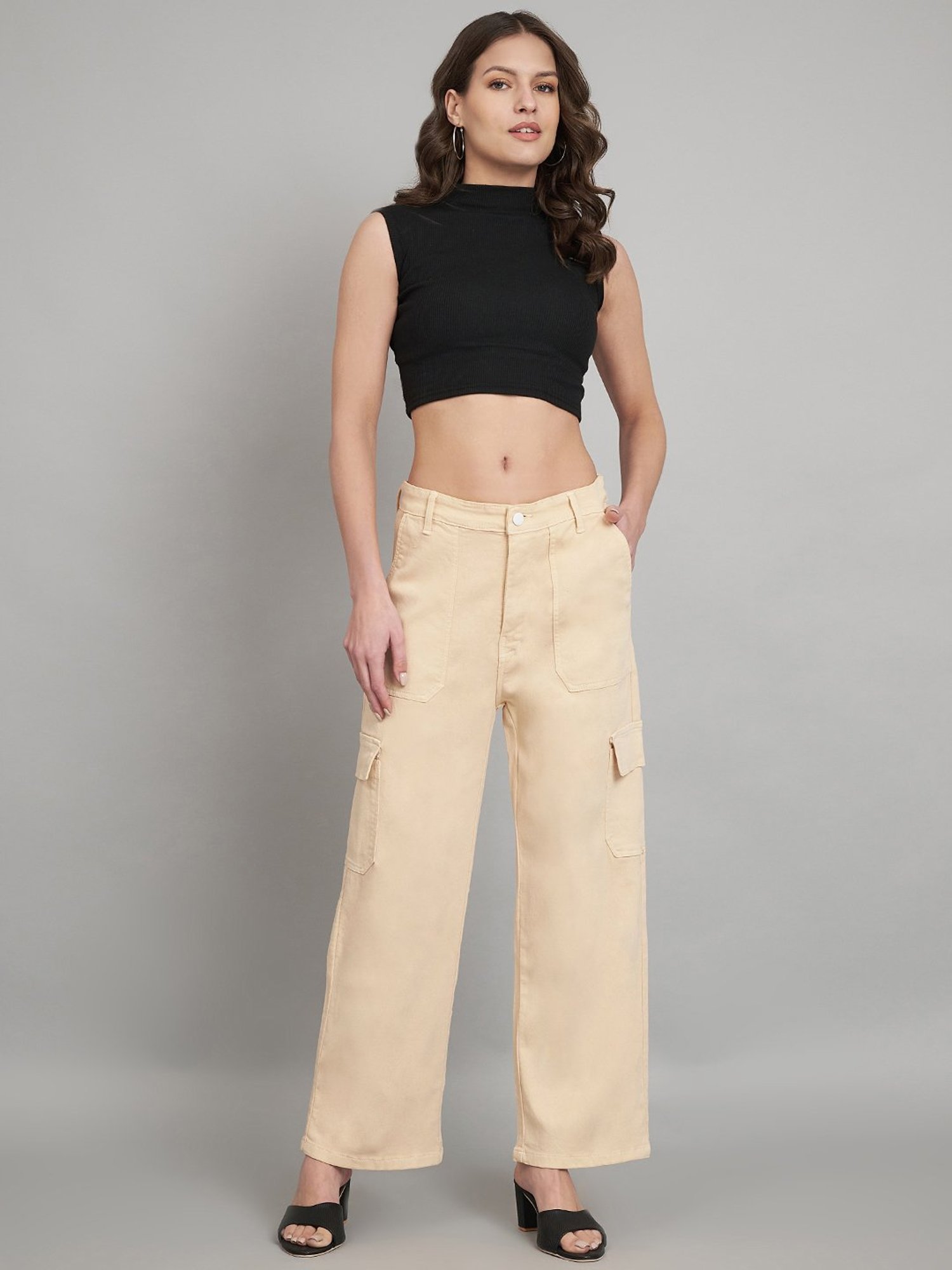 Angelfab Beige Cotton Relaxed Fit High Rise Cargo Jeans