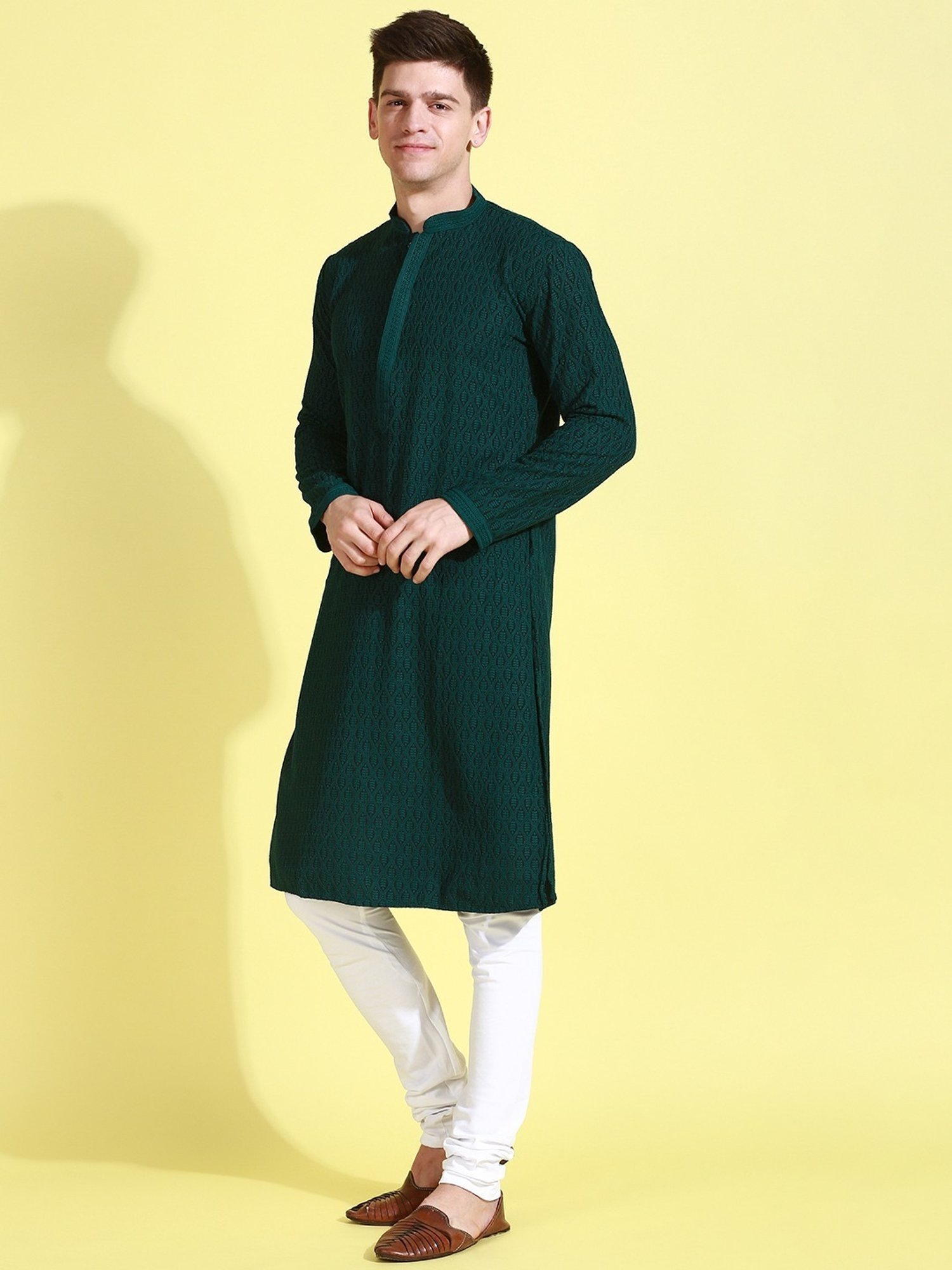 Sanwara Deep Green Cotton Regular Fit Embroidered Kurta Bottom Set