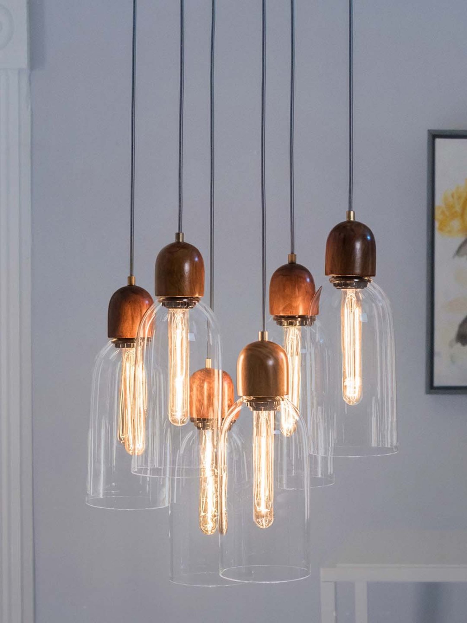Fos Lighting Brown Modern Clear Glass & Wood 6 Light Pendant Light - Set of 1