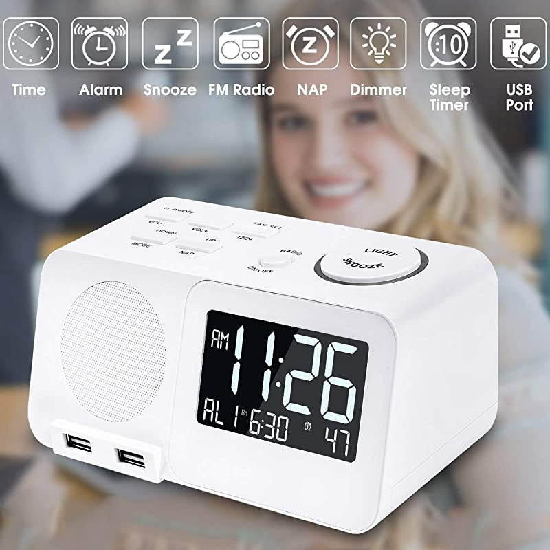 Alarm Clock Radio Clock 2 Alarms Dual USB Charging Port Snooze Founction for Bedroom (D-Old)