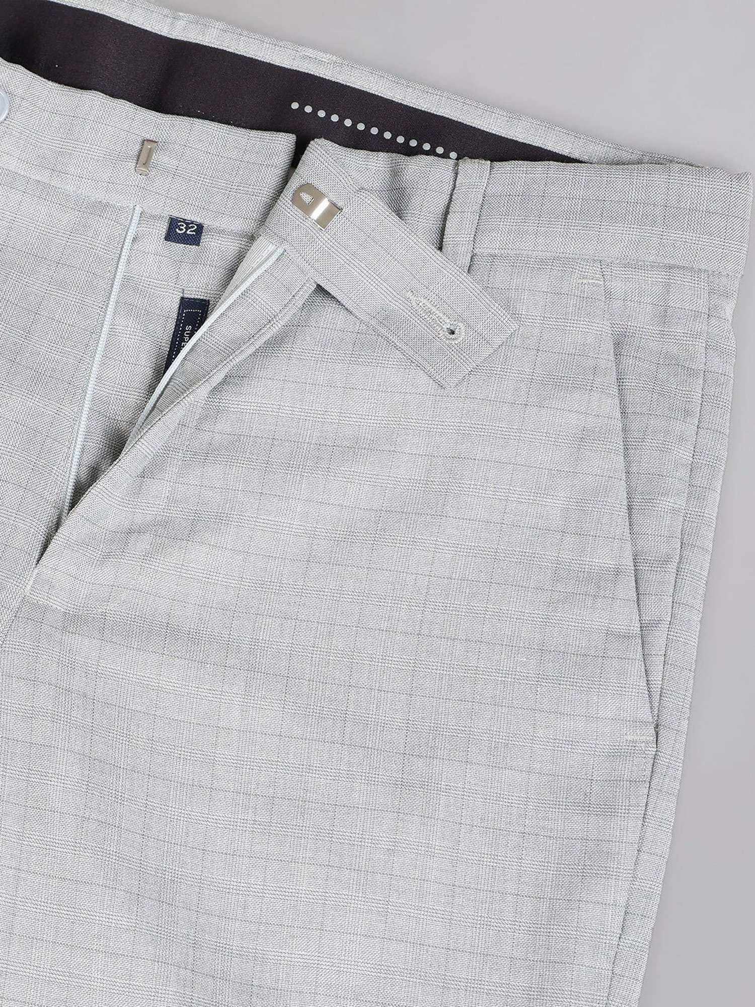 AD by Arvind Grey Melange Slim Fit Check Flat Front Trousers