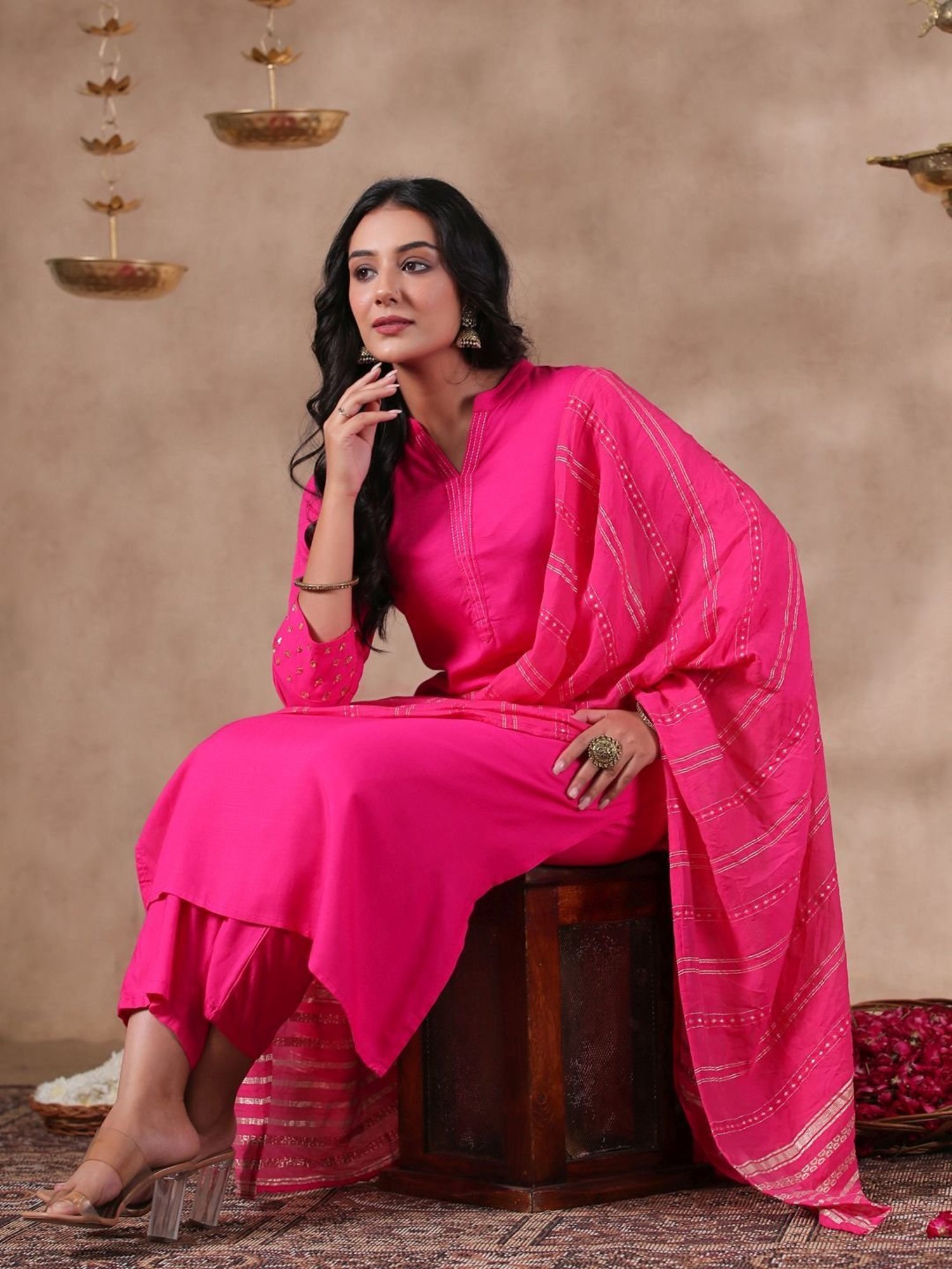 Anubhutee Pink Cotton Kurta Pant Set With Dupatta