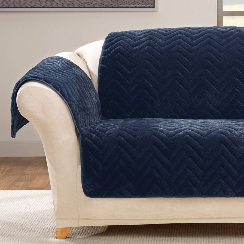 Navy Quilted Faux Fur Loveseat Furniture Cover - Sure Fit