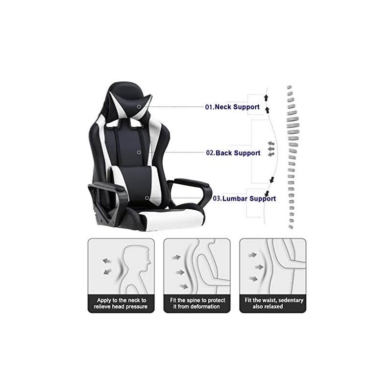 Back Gaming Chair PC Office Chair Racing Computer Chair Task PU Desk Chair Ergonomic Swivel Rolling Chair with Lumbar Support Headrest for Back Pain Women Adults Gamer (White)