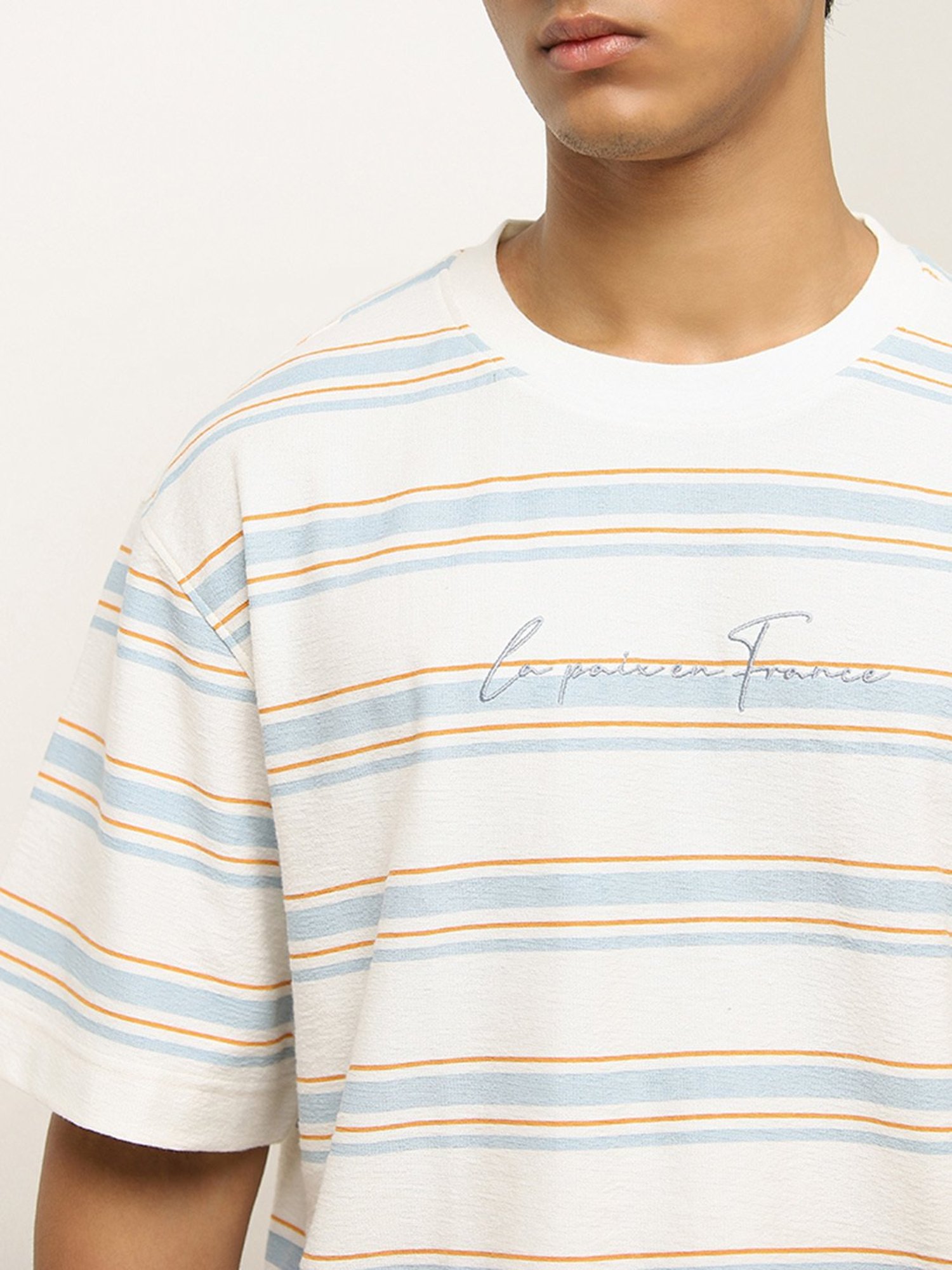 Nuon by Westside Blue Stripe Printed Relaxed-Fit T-Shirt