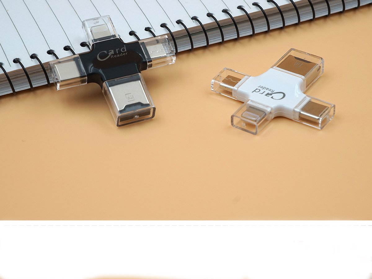 Micro SD Card Reader Caithly 4 in 1 Card Reader with Type-C USB Connector OTG HUB Adapter, TF Flash Memory Card Readers for iPhone iOS/Android Micro USB/Type-C Port Phones/Mac/PC (Black)