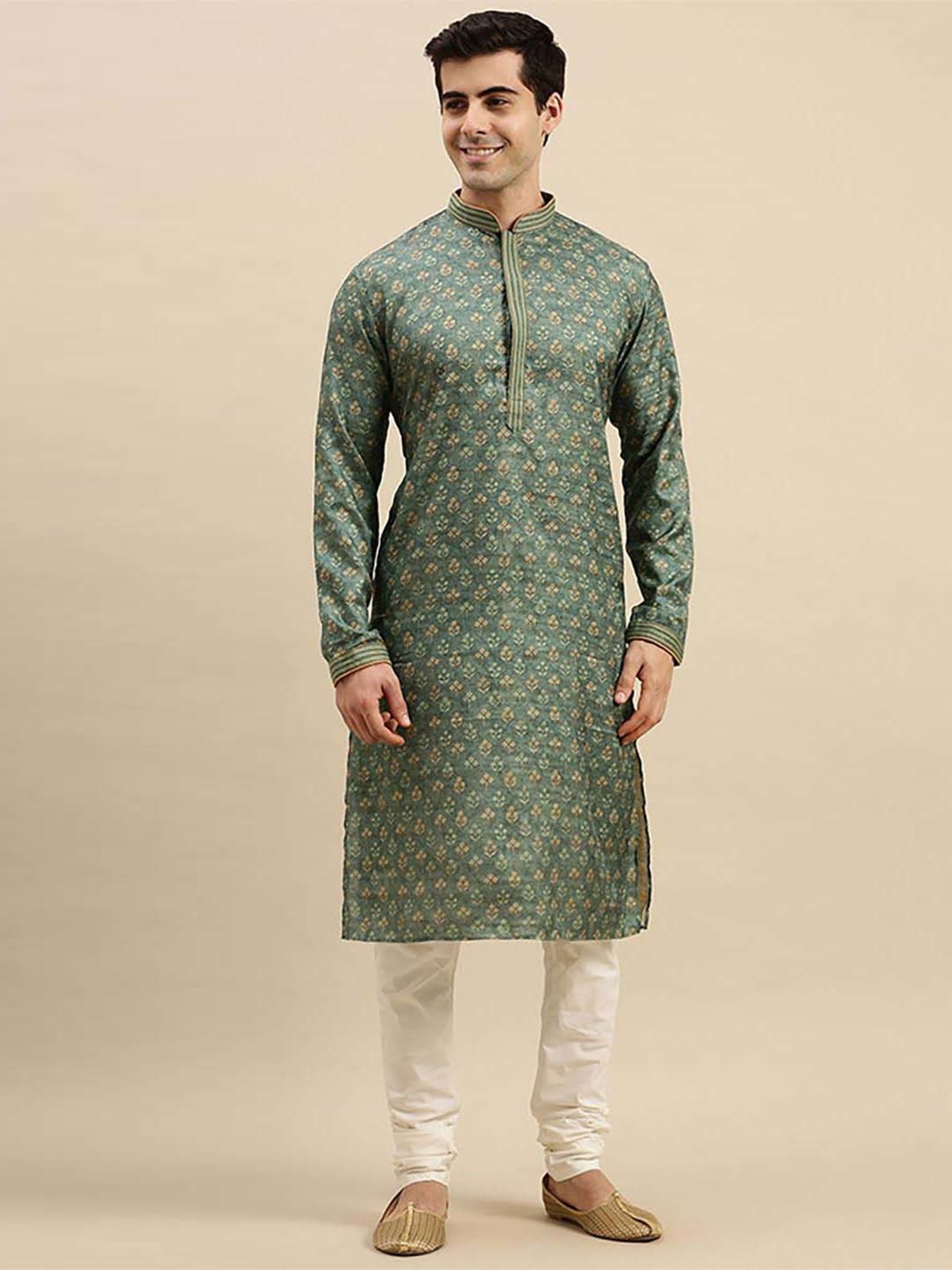 Sanwara Green & White  Regular Fit Self Pattern Kurta Bottom Sets