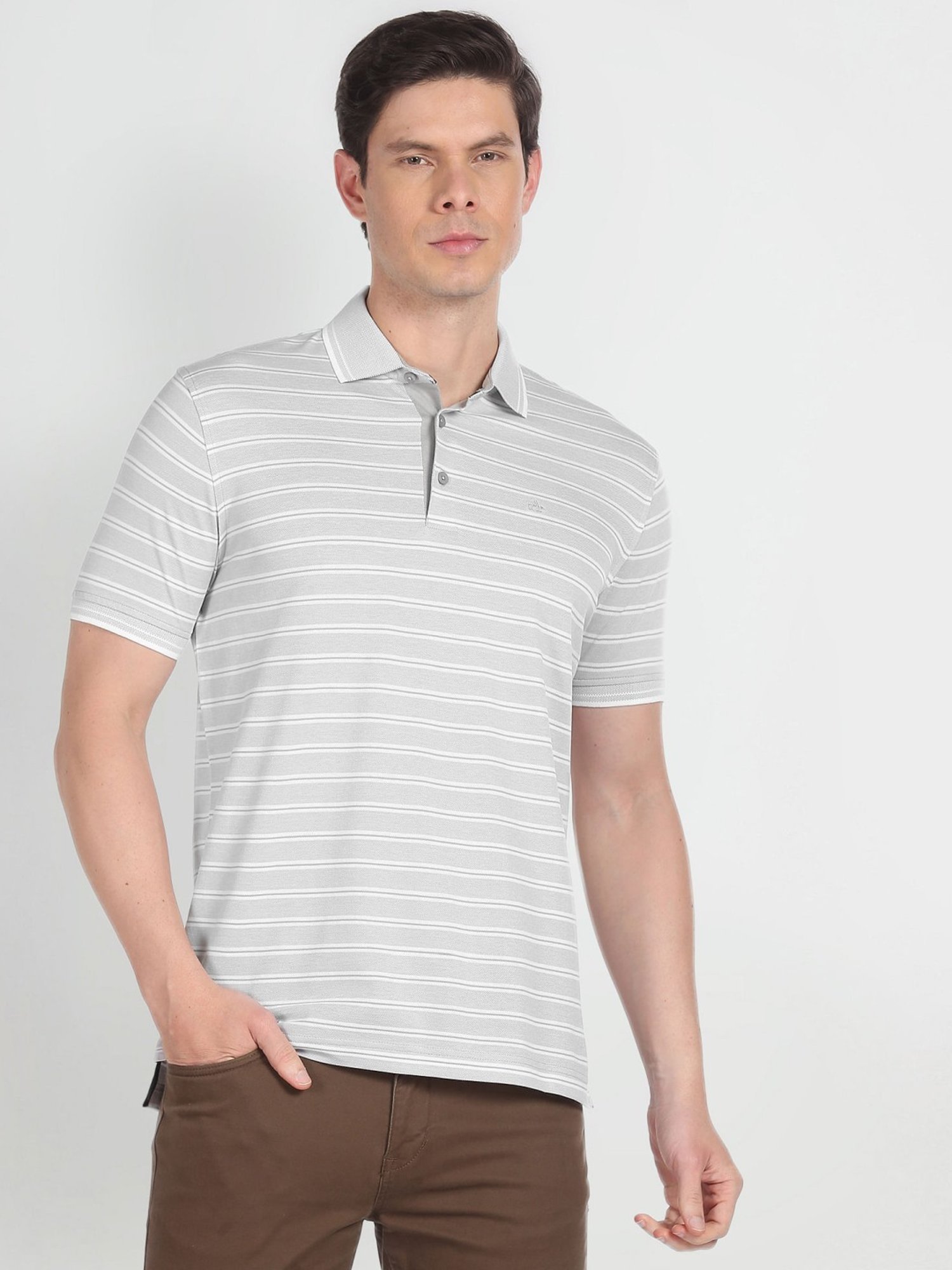 Arrow Grey Cotton Regular Fit Striped Polo T-Shirt