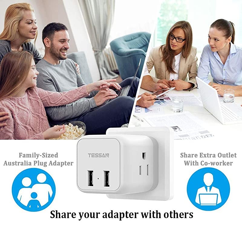Australia China Power Plug Adapter,  5 in 1 New Zealand Travel Power Adapter with 3 US Outlets and 2 USB Charging Ports, US to Australia New Zealand Fiji Argentina Plug Adapter (Type I)